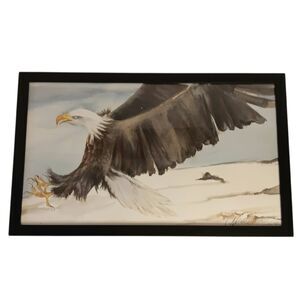 Original Painting Watercolor Bald Eagle Landing Signed Framed Wildlife Art 12x20